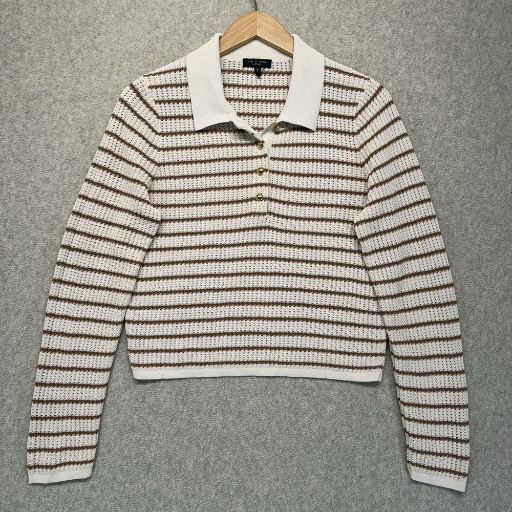 Rag & Bone Womens L Open Knit Striped Polo Sweater Ivory Brown Cotton